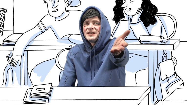 Schauspieler Sven Reese in einem blauen Kapuzenpullover gestikuliert. Reale Person in einem gezeichneten Klassenzimmer.