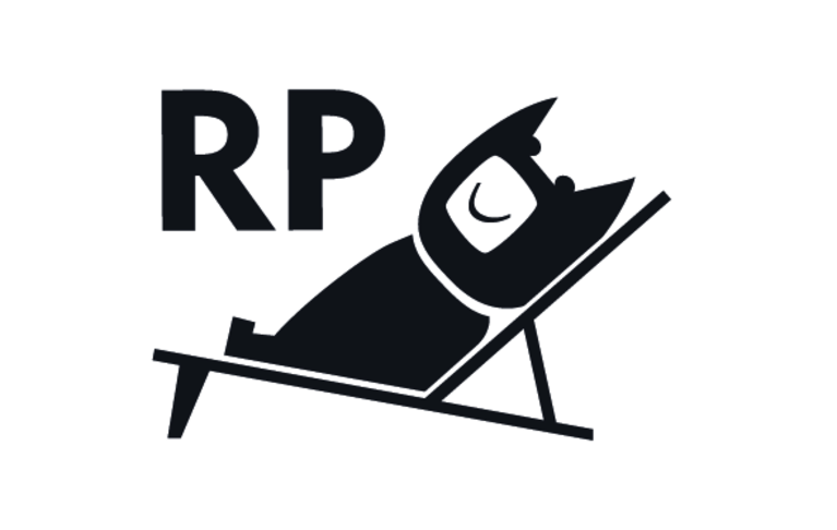 Ein BO (Logo-Tier des TDJW) in einem Liegestuhl. Darüber die Buchstaben RP.