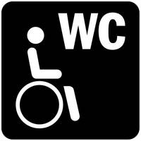 Piktogramm Rollstuhlfahrer-WC. Türbreite min. 90 cm Zugang stufenlos (max. 3 cm) oder Rampe Bewegungsfläche vor dem WC-Becken min. 150x150 cm Platz links oder rechts neben dem WC-Becken min. 90 cm Klappbare Haltegriffe am WC-Becken vorhanden.
