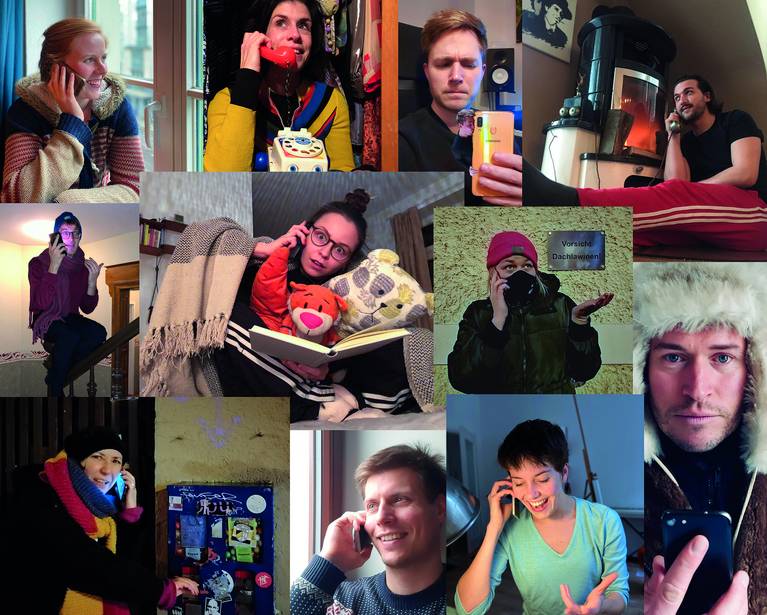 Collage von 12 Fotos. Die Bilder zeigen verschiedene Schauspieler:innen, alle mit Telefon in der Hand oder am Ohr. Viele telefonieren.